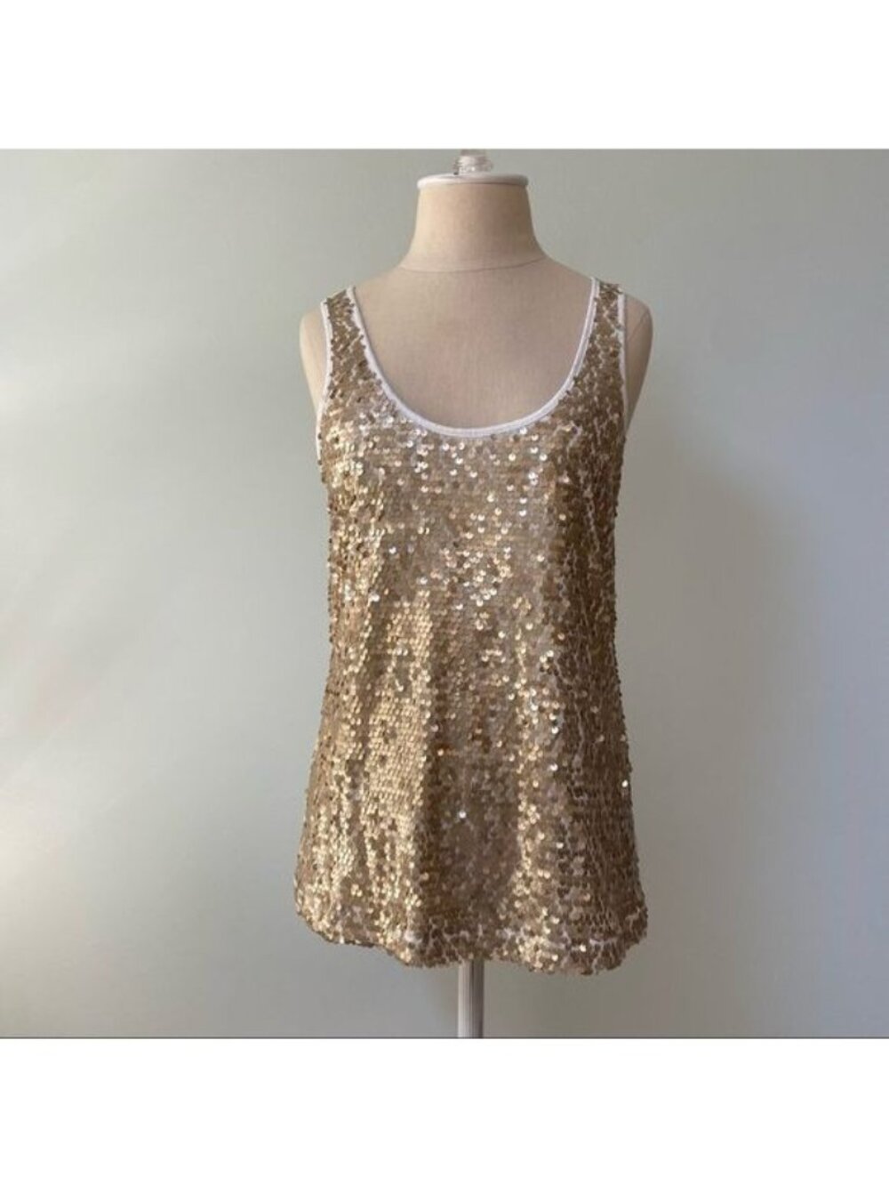 Express Gold Sequin White Tank Top